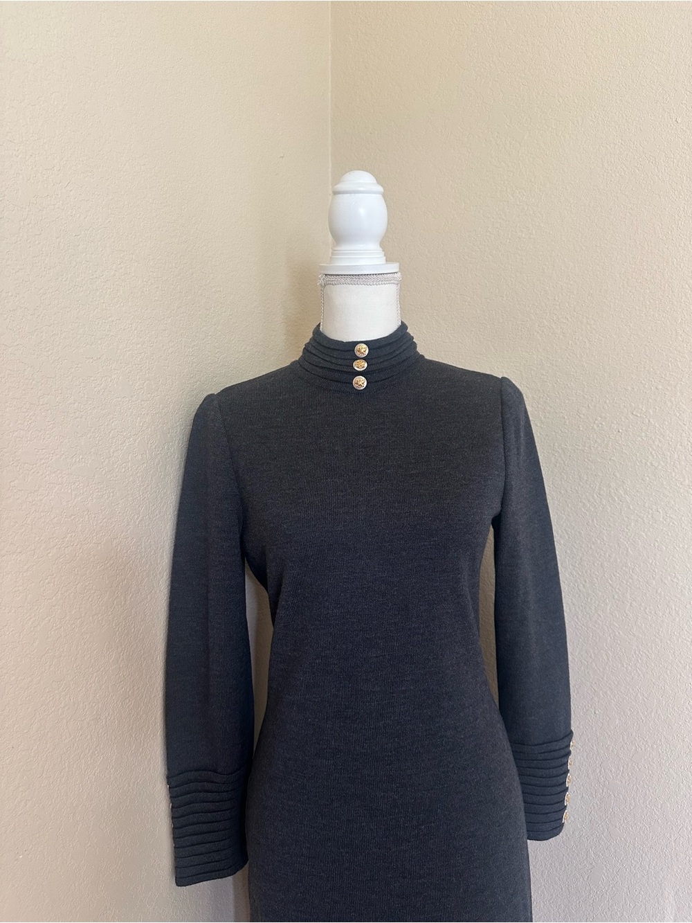 St John Marie Gray Knit Slate Grey Wool Dress Sz 4 Mock Neck Minimalist Luxury - Picture 2 of 10